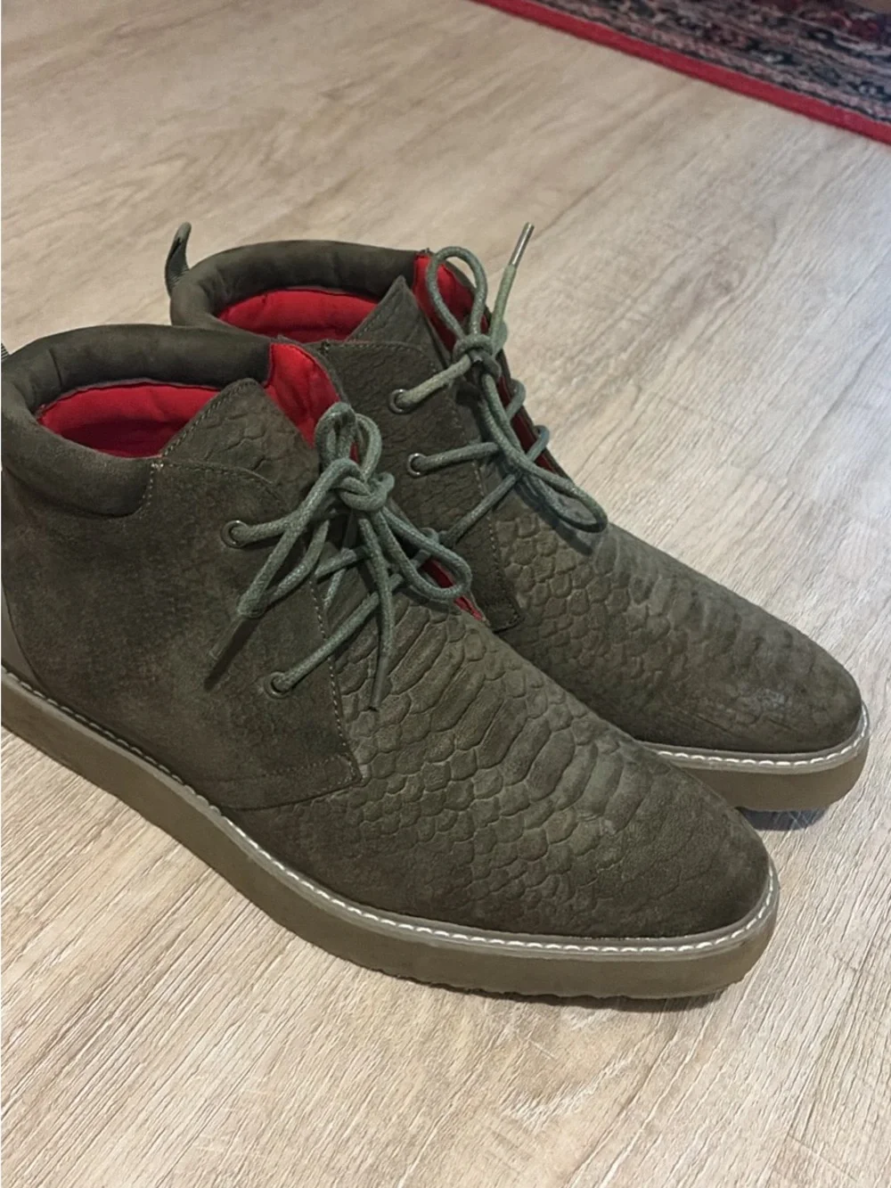 Men's Tanyo Olive Green Suede Boots with Red Lining